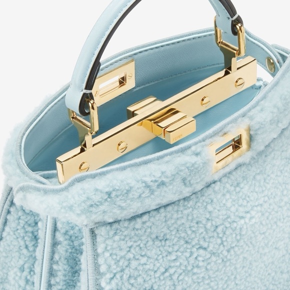 FENDI Peekaboo Mutton Fur + Lamb Leather Blue Powder Sugar + Soft Gold Mini NWT! - Picture 5 of 9